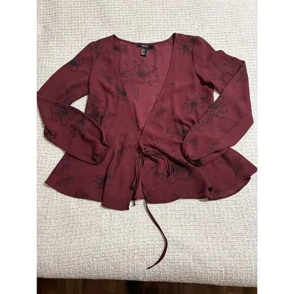 Forever 21 Wine Floral Tie Front Blouse S Fairy Grunge Romantic Witchy Aesthetic - Picture 8 of 10